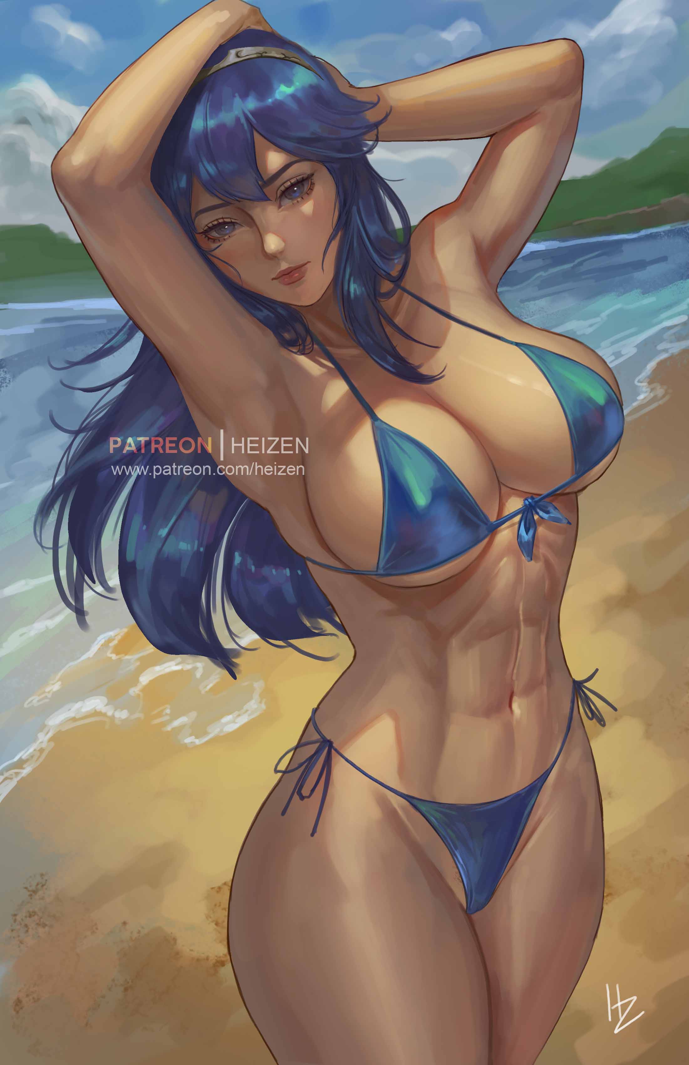 1girl abs absurd_res alluring alternate_breast_size alternate_costume armpits artist_name beach big_breasts bikini blue_bikini blue_eyes blue_hair blue_swimsuit breasts cleavage female_abs female_focus fire_emblem fire_emblem_awakening front-tie_bikini front-tie_top game_cg hairband heizen high_res hot lips long_hair looking_at_viewer lucina lucina_(fire_emblem) matching_hair/eyes nintendo ocean patreon_username sexy side-tie_bikini sideboob signature standing swimsuit tiara toned under_boob voluptuous watermark web_address