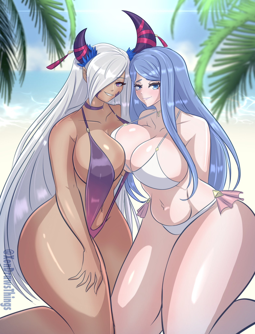 1girl 2_girls alluring alternate_costume asymmetrical_docking beach big_breasts bikini blue_eyes blue_hair breast_press female_only fire_emblem fire_emblem_engage horns lumera_(fire_emblem) milf nintendo one-piece_swimsuit purple_eyes purple_one-piece_swimsuit purple_swimsuit white_bikini white_hair white_swimsuit xendrawsseggs xendrawsthings zephia_(fire_emblem)