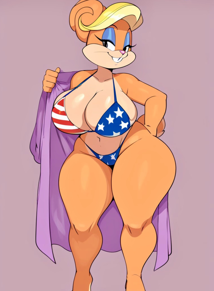 1girl ai_generated american_flag_bikini anthro bedroom_eyes big_breasts bikini blonde_hair breasts brown_skin buckteeth chubby cleavage curvy eyelashes eyeshadow furry high_res huge_breasts jinu lagomorph legs looking_at_viewer looney_tunes mammal milf navel non-nude patricia_bunny patriotic posing rabbit robe sexy simple_background slut standing stomach the_looney_tunes_show thick thick_thighs uglyx wide_hips