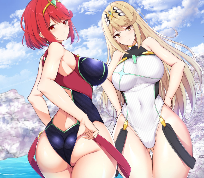 2_girls adjusting_clothes adjusting_swimsuit alluring ass back back_cutout bangs bare_shoulders big_ass big_breasts black_swimsuit blonde_hair blue_sky blush closed_mouth cloud colored_stripes covered_collarbone covered_navel cowboy_shot curvy day diagonal_stripes dual_persona dutch_angle earrings emerald_(gemstone) eyebrows_visible_through_hair female_focus from_behind gem gluteal_fold gradient_hair groin hair_ornament halterneck hand_on_hip high_res jewelry legs_together light_brown_hair light_smile long_hair looking_at_viewer looking_back matching_hair/eyes multicolored_hair multiple_girls mythra nintendo noeomi one-piece_bikini outside presenting_hindquarters pyra raised_eyebrows red_eyes red_hair rock short_hair sidelocks skindentation sky smile standing straight_hair strap striped striped_swimsuit swept_bangs swimsuit thick_thighs thighs tiara turtleneck twisted_torso very_long_hair water white_swimsuit wide_hips xenoblade_(series) xenoblade_chronicles_2 yellow_eyes