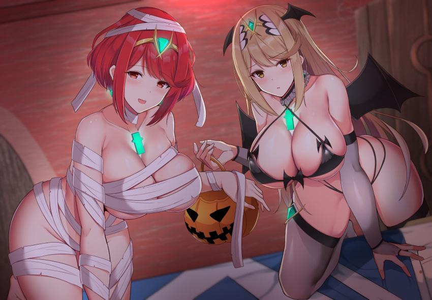 2_girls bandage bandages bat_wings bed bent_over big_breasts bikini black_bikini blanket blonde_hair blush bridal_gauntlets choker cleavage commentary_request cosplay criss-cross_halter crystal demon_wings dual_persona earrings female_focus halloween halloween_basket halloween_costume halterneck head_wings high_res jack-o'-lantern jewelry latex matching_hair/eyes multi-strapped_bikini multiple_girls mummy_costume mythra nintendo noeomi open_mouth pillow pyra red_eyes red_hair short_hair stockings swimsuit tiara under_boob wings xenoblade_(series) xenoblade_chronicles_2 yellow_eyes