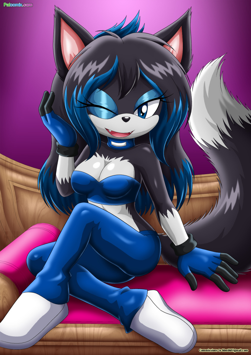 1girl 2016 bbmbbf black_fur blue_eyes canid canine canis cleavage clothing collar delilah_the_wolf eyeshadow fan_character fangs gloves hand_on_hair light_blue_eyeshadow looking_at_viewer mobius_unleashed multicolored_hair one_eye_closed open_smile original_character palcomix posing sitting sonic_oc sonic_the_hedgehog_(series) tail wolf