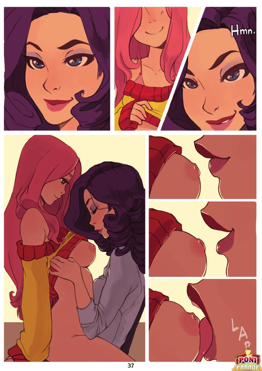 2_girls age_difference aqua_eyes blue_eyes breast_lick breast_licking breast_sucking breasts closed_eyes closed_mouth comic couple curly_hair duo ehryel eyeshadow female_only fluttershy fluttershy_(mlp) grin half-closed_eyes head_down head_tilt licking lips lipstick long_hair looking_at_another looking_at_breasts love makeup medium_breasts multiple_girls mutual_yuri my_little_pony my_little_pony:_friendship_is_magic naughty_face nipples pink_hair pink_lipstick purple_hair rarity rarity_(mlp) red_lipstick smile straight_hair tongue tongue_out yuri