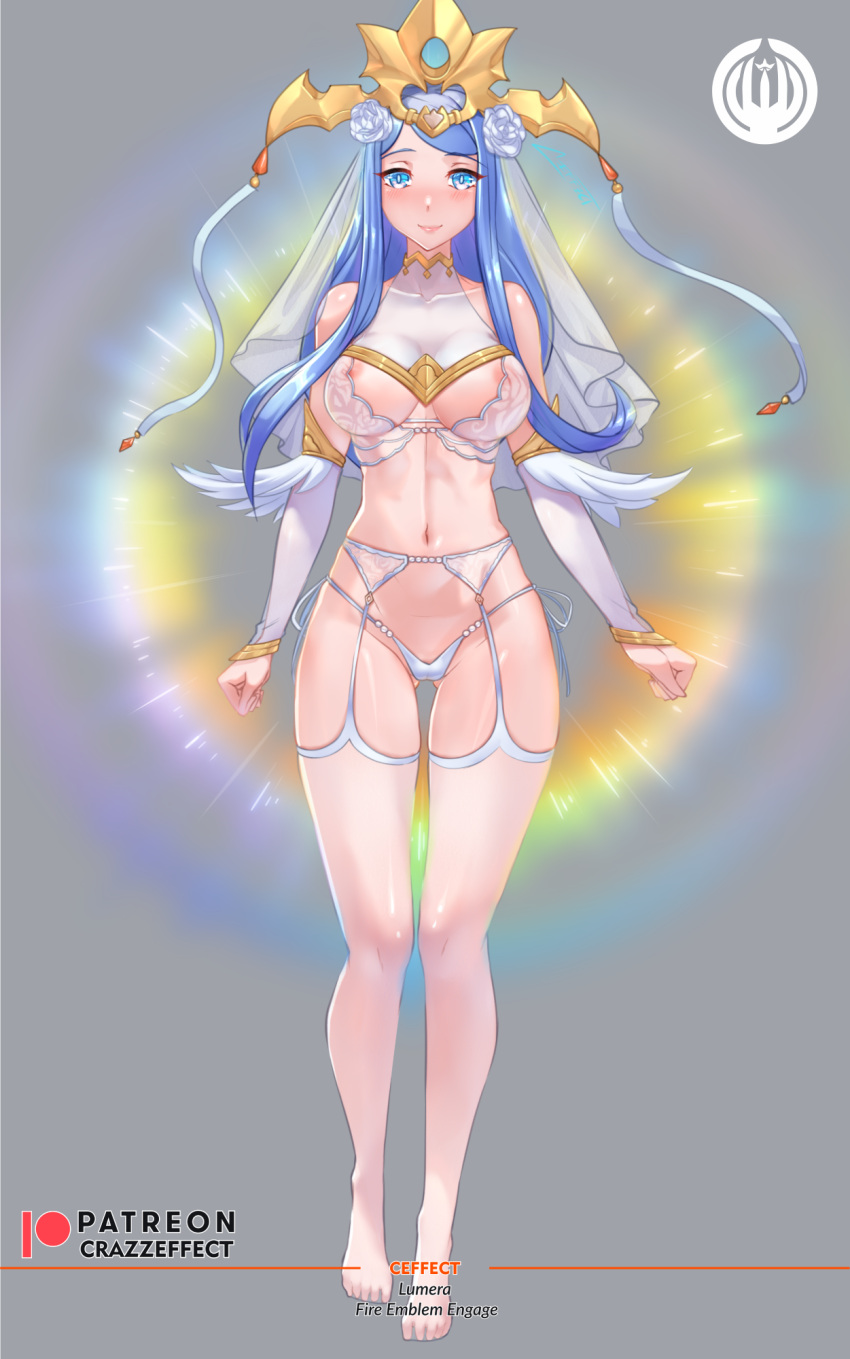 1girl alluring alternate_version_available areola areola_slip ass_visible_through_thighs bangs bare_midriff bare_thighs big_breasts blue_eyes blue_hair bodystocking bra bridal_veil bride collarbone crazzeffect detached_sleeves female_only fire_emblem fire_emblem_engage flower full_body garter_belt glowing grey_background hair_flower halterneck light lingerie long_hair long_sleeves looking_at_viewer lumera_(fire_emblem) mature mature_female midriff milf nintendo nipples panties partially_visible_vulva pussy revealing_clothes see-through see-through_bra see-through_clothing see-through_panties see-through_thighhighs skimpy_clothes smile stockings thighs translucent_clothing transparent_clothing underwear veil white_bra white_panties