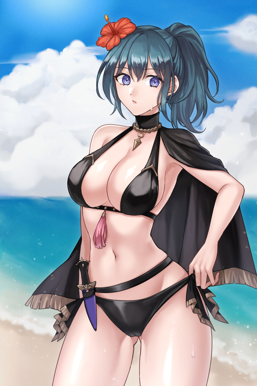1girl alluring big_breasts blue_eyes byleth_(fire_emblem) byleth_(fire_emblem)_(female) byleth_(summer)_(fire_emblem)_(female) female_only fire_emblem fire_emblem:_three_houses fire_emblem_heroes h_nyoro hazuki_(nyorosuke) nintendo swimsuit teal_hair