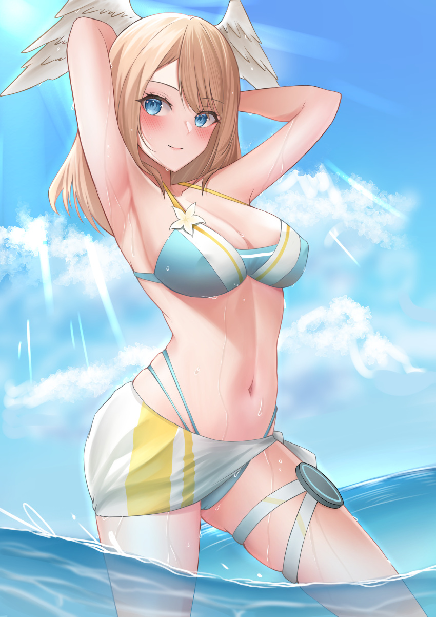 1girl absurd_res alluring arms_behind_head asymmetrical_bangs big_breasts bikini blue_bikini blue_eyes brown_hair cleavage closed_mouth cloud eunie_(xenoblade) feathered_wings head_wings high_res latte_(shizuku03) long_hair looking_at_viewer navel nintendo ocean official_alternate_costume partially_submerged partially_underwater_shot smile sunlight swimsuit thigh_strap two-tone_bikini white_bikini white_wings wings xenoblade_(series) xenoblade_chronicles_3