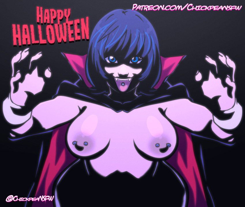 1girl 2024 big_breasts black_background blue_eyes blue_hair breasts cape chickpea color colored dark_background digital_drawing_(artwork) english_text exposed_breasts female_only halloween happy_halloween jenny_(chickpea) looking_at_viewer nipple_piercing nipples open_mouth original original_character short_hair standing text tongue_out tongue_piercing vampire vampire_girl vampire_teeth