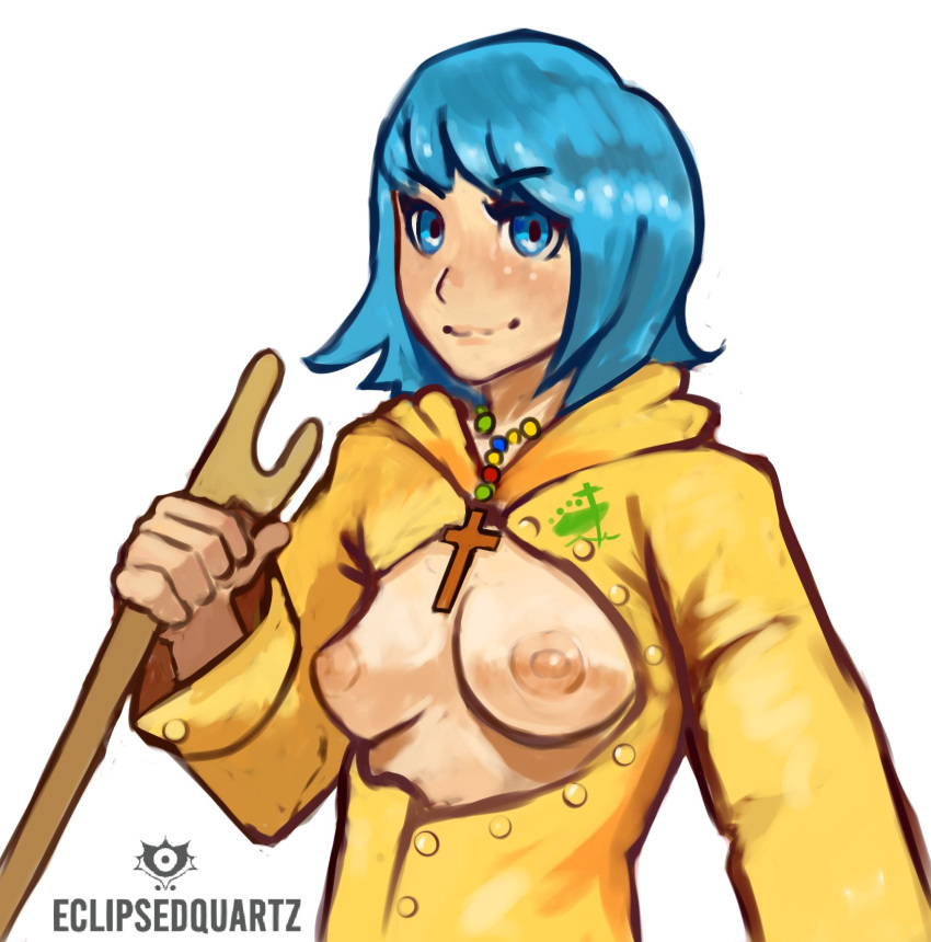 big_breasts blue_eyes blue_hair luce_(vatican) nipples open_clothes prayer_beads raincoat short_hair yellow_clothing yellow_raincoat