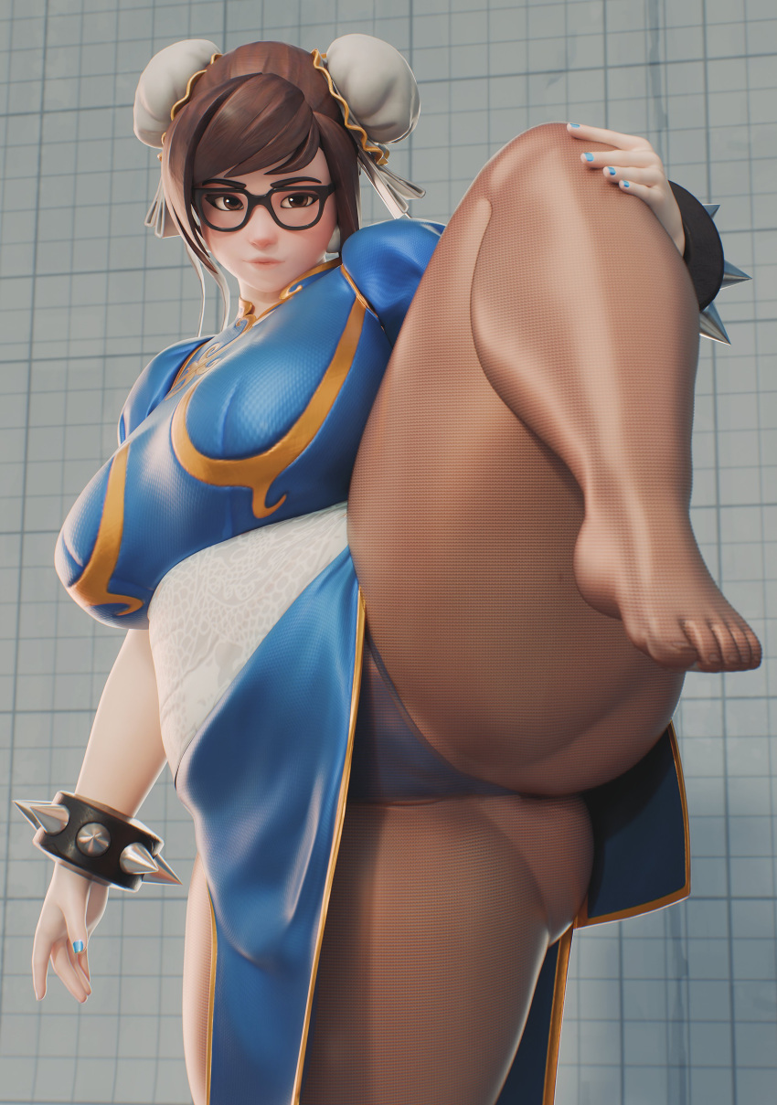 1girl 3d alternate_costume alternate_version_at_source alternate_version_available asian asian_female ass big_ass big_breasts blizzard_entertainment blue_fingernails blue_nail_polish blue_nails blue_panties blue_underwear bracelet brown_eyes brown_hair bubble_butt capcom chinese chubby chubby_female chun-li_(cosplay) clothed clothing cosplay double_bun eyewear feet fugtrup glasses hair_bun hair_buns hand_on_leg hand_on_own_leg huge_breasts leg_lift light-skinned_female light_skin looking_at_viewer matching_hair/eyes mature mature_female mature_woman megane mei-ling_zhou mei_(overwatch) mommy nail_polish one_leg_raised one_leg_up overwatch panties pose sexy_ass sexy_breasts short_hair slightly_chubby solo_focus spiked_bracelet standing street_fighter thicc thick thick_thighs thighs tied_hair underwear