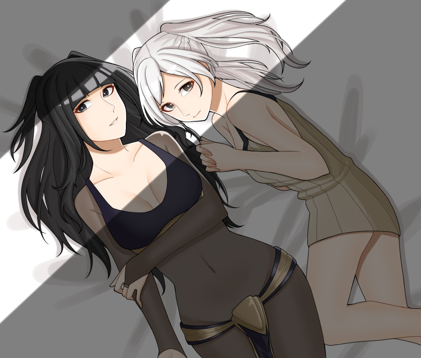 2_girls alluring ao_saryaruhu bare_legs bare_shoulders big_breasts black_bra black_eyes bodysuit bra brown_eyes cleavage clenched_hands coat collarbone covered_navel female_focus fingernails fire_emblem fire_emblem_awakening from_above high_res hime_cut holding_own_arm indoors intelligent_systems jewelry legs light_smile loincloth long_hair looking_at_viewer matching_hair/eyes medium_breasts milf multiple_girls naked_from_the_waist_down neck necklace nintendo no_pants on_bed own_hands_together parted_lips resting robin_(fire_emblem) robin_(fire_emblem)_(female) see-through_bodysuit see-through_clothes shirt short_twintails sidelocks sleeveless sleeveless_shirt swept_bangs tharja tharja_(fire_emblem) thighs twin_tails underwear unworn_cloak unworn_clothes unworn_coat unworn_headwear unworn_jewelry unworn_necklace white_hair yuri