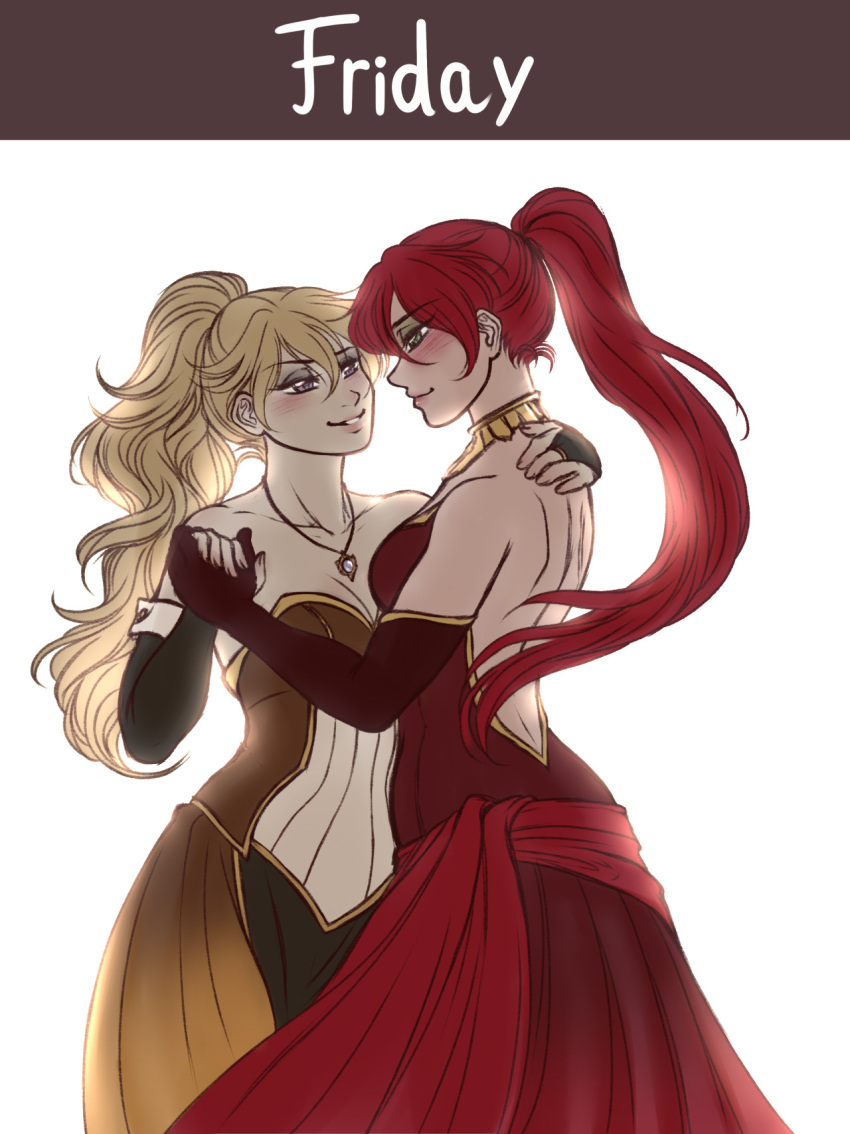 2_girls alternate_costume alternate_hairstyle back bare_back bare_shoulders big_breasts black_bridal_gauntlets blonde_female blonde_hair blush breasts bridal_gauntlets brown_dress brown_gloves cleavage closed_mouth collarbone couple dancing dress duo elbow_gloves english_text eye_contact eyebrows_visible_through_hair eyes_visible_through_hair eyeshadow female_only gloves gradient gradient_clothes green_eyes green_eyeshadow grey_eyeshadow grin hair_between_eyes half-closed_eyes high_ponytail holding_hands hugging jewelry lips lipstick long_dress long_hair looking_at_another looking_down looking_up love makeup medium_breasts multicolored_clothes multicolored_dress multiple_girls murasaki-yuri mutual_yuri neck necklace open-back_dress parted_lips pink_lipstick ponytail purple_eyes pyrrha_nikos red_dress red_hair romantic romantic_couple rooster_teeth rwby simple_background smile standing strapless strapless_dress text tied_hair two-tone_dress white_background yang_xiao_long yellow_dress yuri