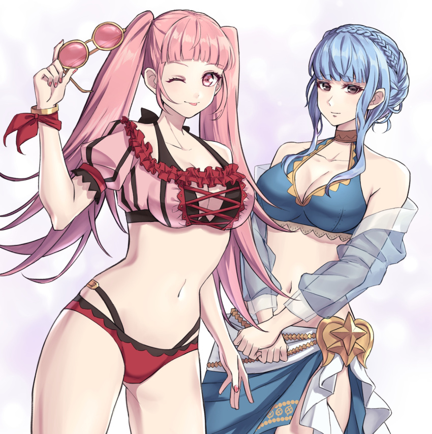 2_girls ;p alluring alternate_costume bikini black_bikini blue_bikini blue_hair blunt_bangs bracelet brown_eyes cleavage closed_mouth collarbone cowboy_shot female_focus fire_emblem fire_emblem:_three_houses fire_emblem_heroes halterneck high_res hilda_valentine_goneril hilda_valentine_goneril_(summer) holding holding_removed_eyewear intelligent_systems jewelry long_hair looking_at_viewer marianne_von_edmund marianne_von_edmund_(summer) matching_hair/eyes medium_breasts mismatched_bikini multi-strapped_bikini multiple_girls nail_polish navel nintendo official_alternate_costume one_eye_closed pink-tinted_eyewear pink_eyes pink_hair pink_nails red_bikini sarong see-through_clothes see-through_sleeves shinae short_hair_with_long_locks short_sleeves sidelocks smile standing sunglasses swimsuit tinted_eyewear tongue tongue_out unworn_eyewear very_long_hair white_background wink yellow-framed_eyewear