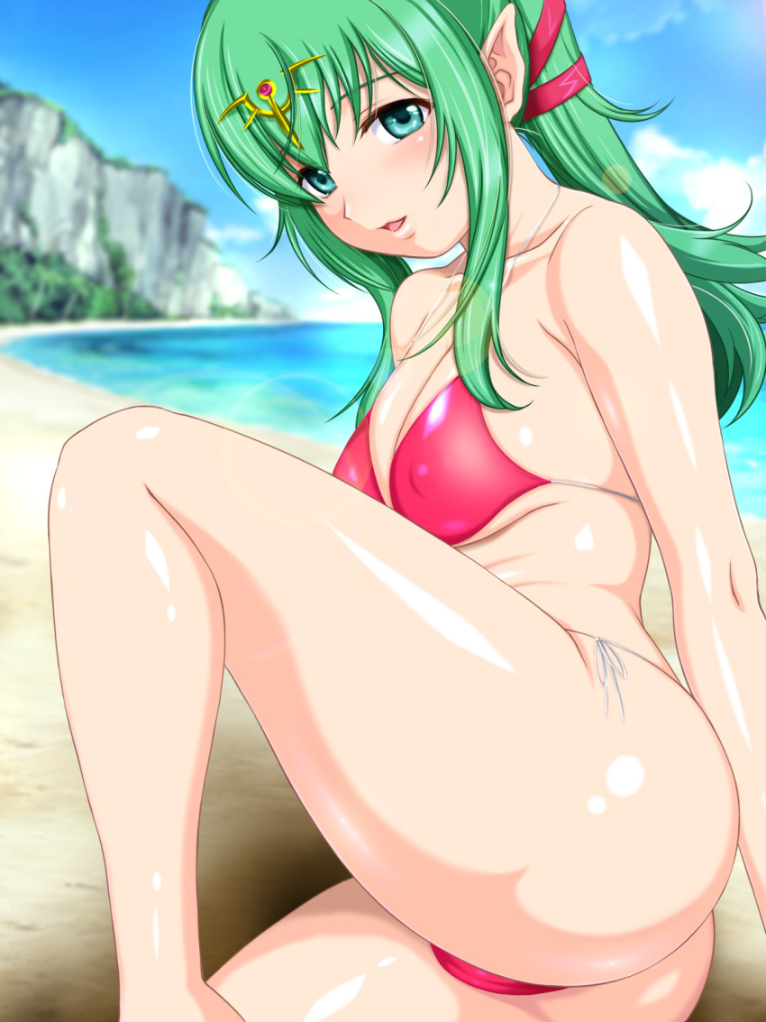 1girl aged_up alluring ass beach big_breasts bikini blush cameltoe cherry_numan cleavage day female_focus fire_emblem fire_emblem_awakening green_eyes green_hair hair_ornament hair_ribbon high_res intelligent_systems jewelry long_hair matching_hair/eyes nintendo open_mouth outside pointy_ears ponytail red_bikini ribbon sand shiny_skin side-tie_bikini_bottom swimsuit tiki_(adult)_(fire_emblem) tiki_(fire_emblem) water