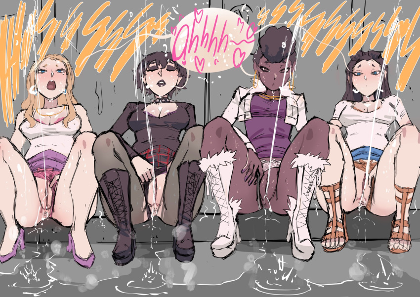4girls aaliyah_(biku) anus ass barbara_(biku) bare_shoulders biku black_boots black_footwear black_hair black_panties black_pantyhose black_shirt black_thong blonde_hair blue_eyes blush bow bow_panties bra bra_peek breasts brown_eyes cleavage clitoris closed_eyes clothes clothes_aside clothes_lift collar cross_earrings deborah_(biku) denim denim_skirt dress dress_lift earrings elena_(biku) english_text eyes_closed eyeshadow eyewear eyewear_on_head female female_only gold_necklace hair_on_breasts hoop_earrings jacket_open large_breasts lipstick long_hair long_sleeves mole mole_under_eye multiple_girls multiple_necklaces necklace necklaces onomatopoeia open_jacket open_mouth open_toe_footwear orange_bra orange_panties orange_thong original panties panties_aside panties_aside_by_self pantyhose pee_puddle pee_squat_outdoors peeing peeing_together pink_panties plaid plaid_skirt power_pissing puddle purple_bra purple_dress purple_footwear purple_heels purple_panties purple_skirt purple_thong pussy relief relieved ripped_clothing ripped_pantyhose shiny_skin shirt short_hair short_jacket short_sleeves skirt skirt_lift speech_bubble spiked_collar spread_legs stained_panties stained_thong sunglasses sunglasses_on_head sweat tank_top text text_bubble thong thong_aside tongue underwear wet wet_panties wet_thong white_boots white_footwear white_jacket white_panties white_shirt white_tank_top white_thong