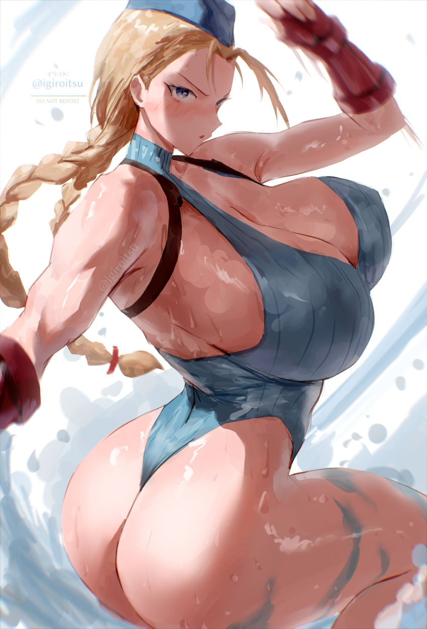 1girl big_breasts blonde_hair blue_eyes bubble_butt cammy_white cleavage horny igiroitsu inviting_to_sex looking_at_viewer pose standing street_fighter teasing thick_thighs