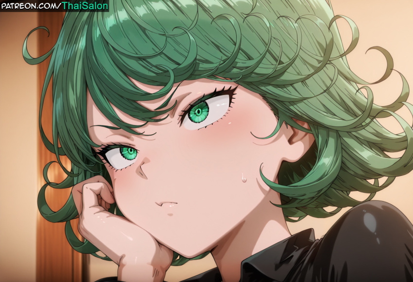 1girl 1girl 1girls ai_assisted ai_generated black_dress brat bratty chromatic_abberation close-up curly_hair detailed_eyes dress eyebrows eyelashes eyeliner eyeshadow green_eyes green_hair hand_on_cheek hand_on_own_face hires lips makeup neck one-punch_man patreon patreon_username pouting sexually_suggestive sfw stable_diffusion sweat sweatdrop sweating tagme tatsumaki thaisalon thinking watermark