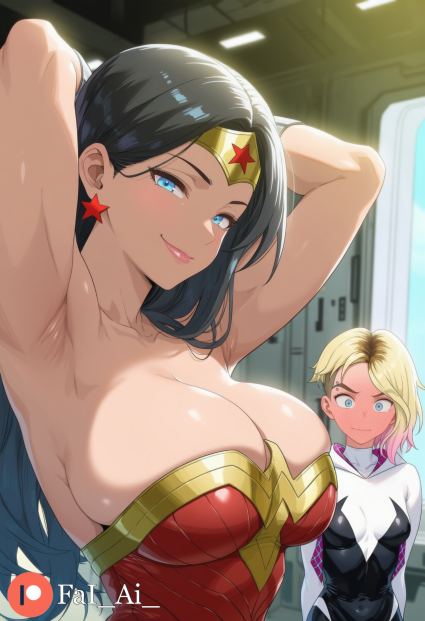 2_girls age_difference amazon armpits arms_behind_back arms_behind_head arms_up asymmetrical_hair bangs bare_arms bare_shoulders big_breasts black_bodysuit black_hair blonde_female blonde_hair blue_eyes blush bodysuit bracer breasts cleavage closed_mouth collarbone couple crossover dc_comics dcau diana_prince duo earrings embarrassed eyebrow_piercing eyebrows_visible_through_hair fai_ai fai_ai_(artist) female/female female_only gradient gradient_hair gwen_stacy half-closed_eyes head_down height_difference heroine hood hooded_bodysuit hoodie indoors jewelry justice_league justice_league_unlimited leotard lips lipstick long_hair looking_at_another looking_at_breasts looking_at_viewer love makeup marvel marvel_comics multicolored_bodysuit multicolored_clothes multicolored_hair multiple_girls mutual_yuri naughty_face neck parted_bangs piercing pink_hair pink_lipstick red_earrings red_leotard romantic romantic_couple short_hair shy skin_tight small_breasts smile spider-gwen spider-man:_into_the_spider-verse spider-man_(series) standing star star_(symbol) star_earrings star_print straight_hair strapless strapless_leotard superhero_costume superheroine surprised teen teenage_girl themysciran tiara two-tone_bodysuit two-tone_hair two_tone_hair undercut upper_body white_bodysuit wonder_woman wonder_woman_(series) yuri