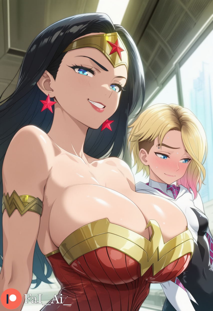 2_girls age_difference amazon arm_at_side armlet arms_at_sides asymmetrical_hair bangs bare_shoulders big_breasts black_bodysuit black_hair blonde_female blonde_hair blue_eyes blush bodysuit breasts cleavage closed_mouth collarbone couple crossover dc_comics dcau diana_prince duo earrings embarrassed eyebrow_piercing fai_ai fai_ai_(artist) female/female female_only gradient gradient_hair grin gwen_stacy half-closed_eyes head_down height_difference heroine hood hooded_bodysuit hoodie indoors jewelry justice_league justice_league_unlimited leotard lips lipstick long_hair looking_at_viewer looking_away looking_to_the_side love makeup marvel marvel_comics multicolored_bodysuit multicolored_clothes multicolored_hair multiple_girls mutual_yuri naughty_face neck parted_bangs parted_lips piercing pink_hair red_earrings red_leotard red_lipstick romantic romantic_couple short_hair shy skin_tight small_breasts smile spider-gwen spider-man:_into_the_spider-verse spider-man_(series) standing star star_(symbol) star_earrings star_print straight_hair strapless strapless_leotard superhero_costume superheroine sweat sweating teen teenage_girl themysciran tiara two-tone_bodysuit two-tone_hair two_tone_hair undercut upper_body white_bodysuit wonder_woman wonder_woman_(series) yuri