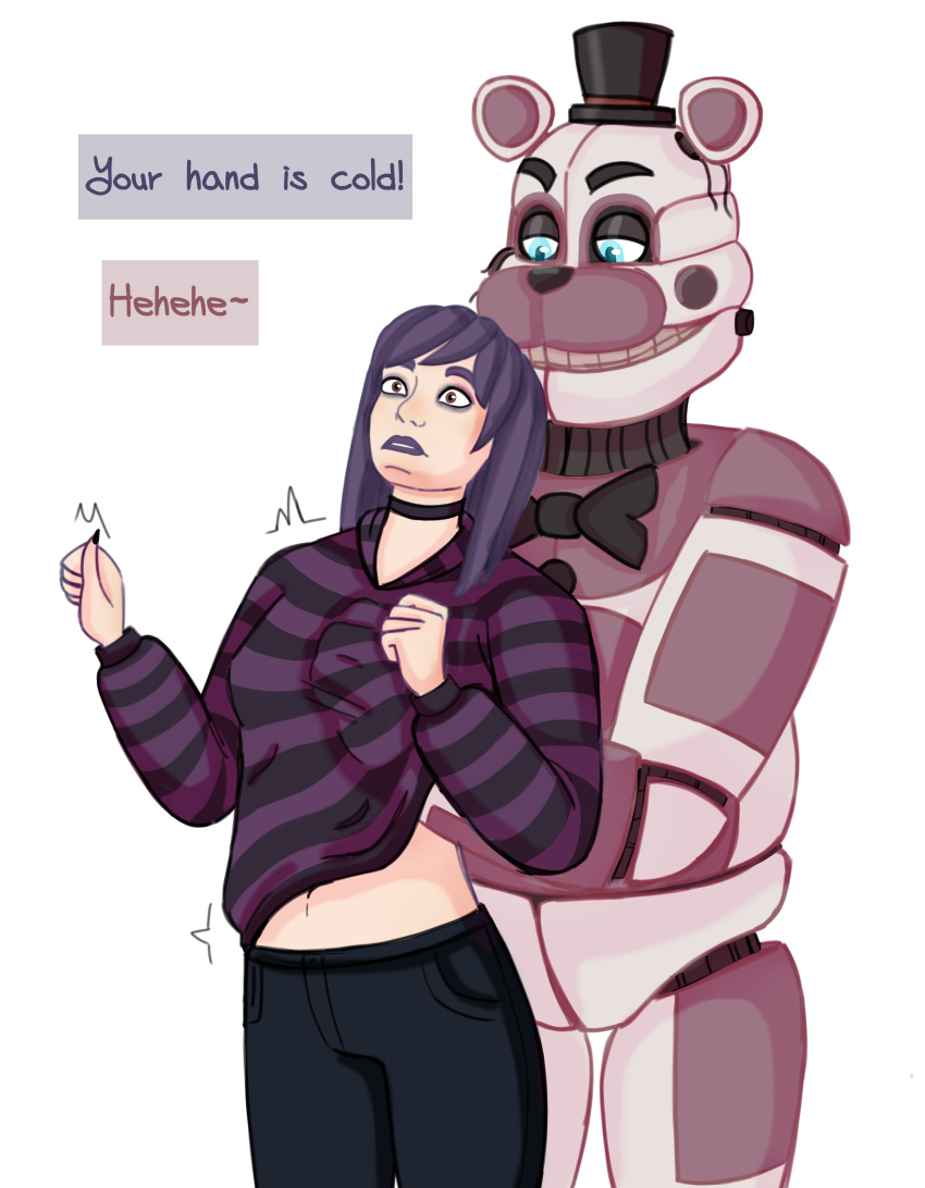 1boy 1girl 1girl adult aged_up animatronic animatronic_male behind_another belly blue blue_eyes boob boob_focus bow bowtie breasts breasts_focus brown_eyes cold count_the_ways creepy_bloody_kitty dirty_talk embarrassed_female five_nights_at_freddy's five_nights_at_freddy's:_sister_location fnaf funtime_freddy funtime_freddy_(fnafsl) goth goth_girl gothic_girl grab_boobs hand_on_breast human_and_robot jock male male/female metallic_body millie millie_fitzsimmons mocking open_belly pleasured purple_hair straight sweater sweater_lift tagme