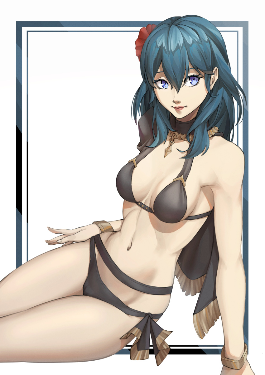 1girl 1girl 1girl alluring alternate_costume bikini black_bikini black_swimsuit blue_eyes byleth_(fire_emblem) byleth_(fire_emblem)_(female) byleth_(summer)_(fire_emblem)_(female) cape fire_emblem fire_emblem:_three_houses fire_emblem_heroes flower flower_in_hair hair_flower lipstick medium_hair nintendo sitting swimwear teal_hair white_skin x_xith_x