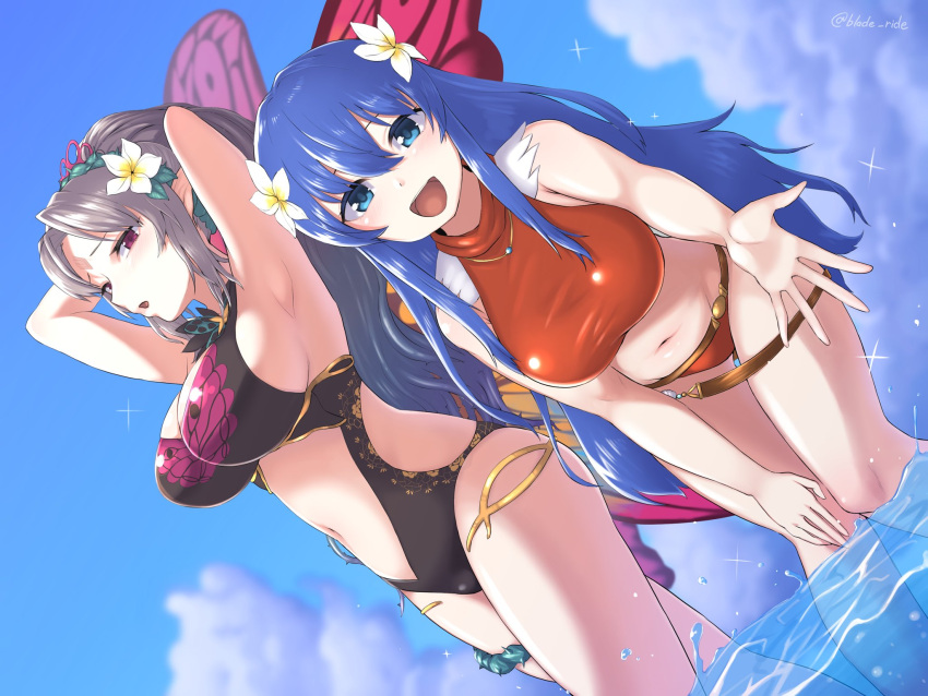 1girl 2_girls alluring alternate_costume bare_legs big_breasts bikini black_bikini blade_ride blue_eyes blue_hair caeda_(fire_emblem) cleavage diagonal_angle fairy fairy_wings fire_emblem fire_emblem:_mystery_of_the_emblem fire_emblem:_shadow_dragon_and_the_blade_of_light fire_emblem_heroes grey_hair intelligent_systems jpeg long_hair looking_at_viewer multicolored_hair nintendo one-piece_bikini open_mouth open_smile partially_submerged plumeria_(fire_emblem) ponytail reaching_out red_bikini smile swimsuit very_long_hair violet_eyes
