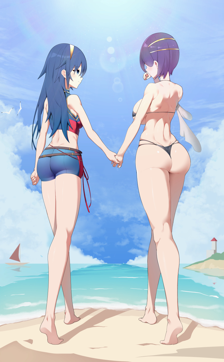 1girl 2_girls alternate_costume ass back back_view bare_back big_ass big_breasts bikini black_bikini black_swimsuit blue_bikini blue_eyes blue_hair blue_swimsuit fire_emblem fire_emblem_awakening fire_emblem_cipher fire_emblem_heroes googoogaagaa holding_hands intelligent_systems kiran_(fire_emblem) kiran_(fire_emblem)_(female) long_hair lucina_(fire_emblem) micro_bikini multiple_females multiple_girls nintendo skindentation small_breasts smile swimsuit under_boob yuri
