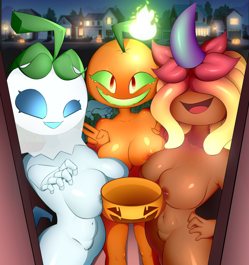 1girl 2024 5_fingers absurd_res areola biped blue_eyes breasts building digital_drawing_(artwork) digital_media_(artwork) electronic_arts elemental_creature elemental_humanoid eyelashes fingers fire flora_fauna food front_view fruit genitals gesture ghost ghost_girl ghost_pepper_(pvz) glistening glistening_body glowing green_sclera group halloween hand_gesture hand_on_hip high_res holidays house humanoid jack_o'_lantern_(pvz) looking_at_viewer medium_breasts monotone_body navel nipples not_furry nude nude_female obscured_eyes open_mouth open_smile plant plant_girl plant_humanoid plants_vs._zombies plants_vs_zombies popcap_games pseudo_hair pumpkin pussy smile standing taihen_(artist) three-quarter_view trio v_sign vulva witch_hazel_(pvz)