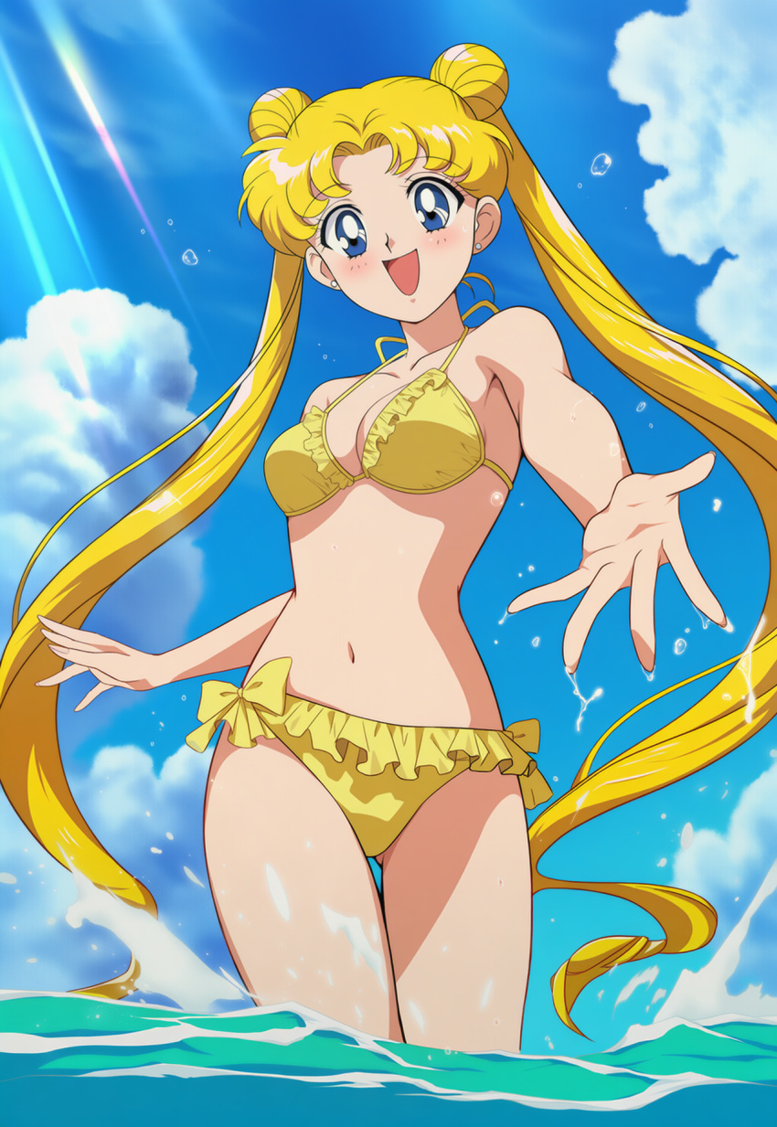 1girl adult_swim alluring bikini bishoujo_senshi_sailor_moon bishoujo_senshi_sailor_moon_r bishoujo_senshi_sailor_moon_r_the_movie bishoujo_senshi_sailor_moon_s bishoujo_senshi_sailor_moon_s_the_movie bishoujo_senshi_sailor_moon_supers bishoujo_senshi_sailor_moon_supers_the_movie blonde_hair blue_eyes blue_sky cleavage gold_bikini in_water medium_breasts ocean sepia_tone_(artist) toei_animation toonami usagi_tsukino viz_media