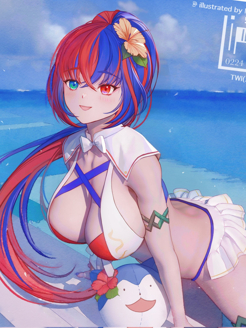 1girl alear_(female)_(fire_emblem) alear_(female)_(seaside_dragon)_(fire_emblem) alear_(fire_emblem) alluring armlet big_breasts bikini blue_bikini blue_eyes blue_hair character_ball cleavage criss-cross_halter crossed_bangs fire_emblem fire_emblem_engage fire_emblem_heroes flower gold_armlet gold_thighlet hair_flower hair_ornament halterneck heterochromia high_res intelligent_systems irisli0224 jewelry long_hair multicolored_bikini multicolored_hair multicolored_swimsuit nintendo ocean official_alternate_costume official_alternate_hairstyle open_mouth red_bikini red_eyes red_hair showgirl_skirt sideboob sommie_(fire_emblem) split-color_hair swimsuit thighlet two-tone_hair very_long_hair white_bikini