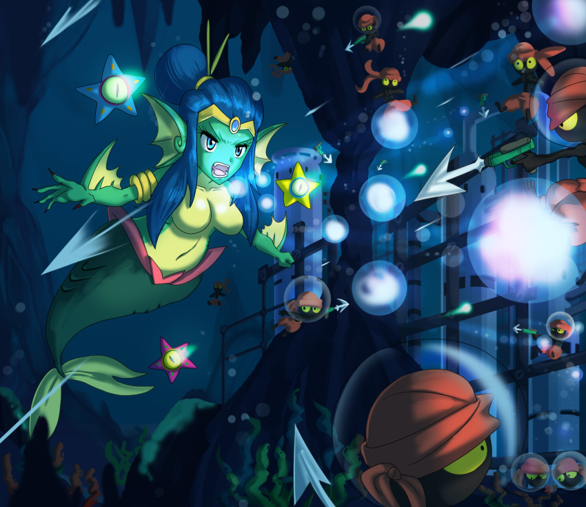 1girl armor asterozoan blue_eyes blue_hair breasts echinoderm featureless_breasts female group hair headgear helmet high_res humanoid male marine melee_weapon merfolk navel nude open_mouth polearm shantae shantae_(character) shantae_(mermaid_form) sonicboom30813 spear split_form starfish tinkerbat underwater water wayforward weapon