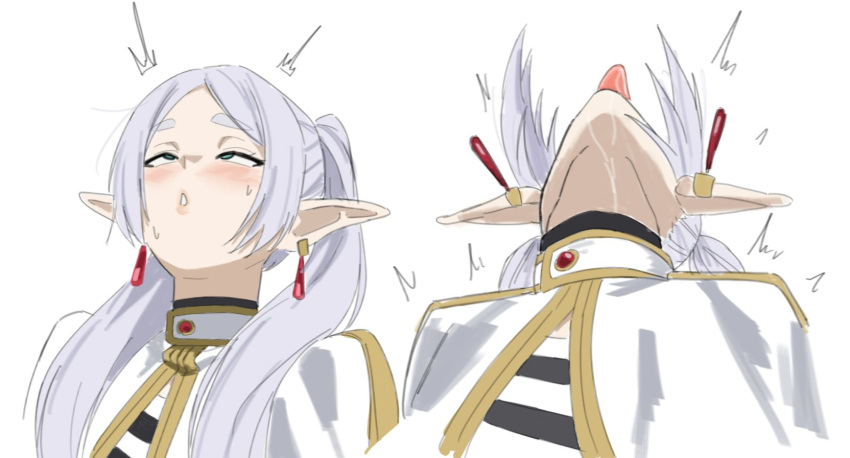 1girl blue_eyes blush earrings elf female_orgasm frieren grey_hair head_back high_res jewelry long_hair meme mugit49 multiple_views orgasm pointy_ears sexually_suggestive simple_background sousou_no_frieren tongue tongue_out twin_tails upper_body upward_angle_frieren_drawing_(meme) white_background