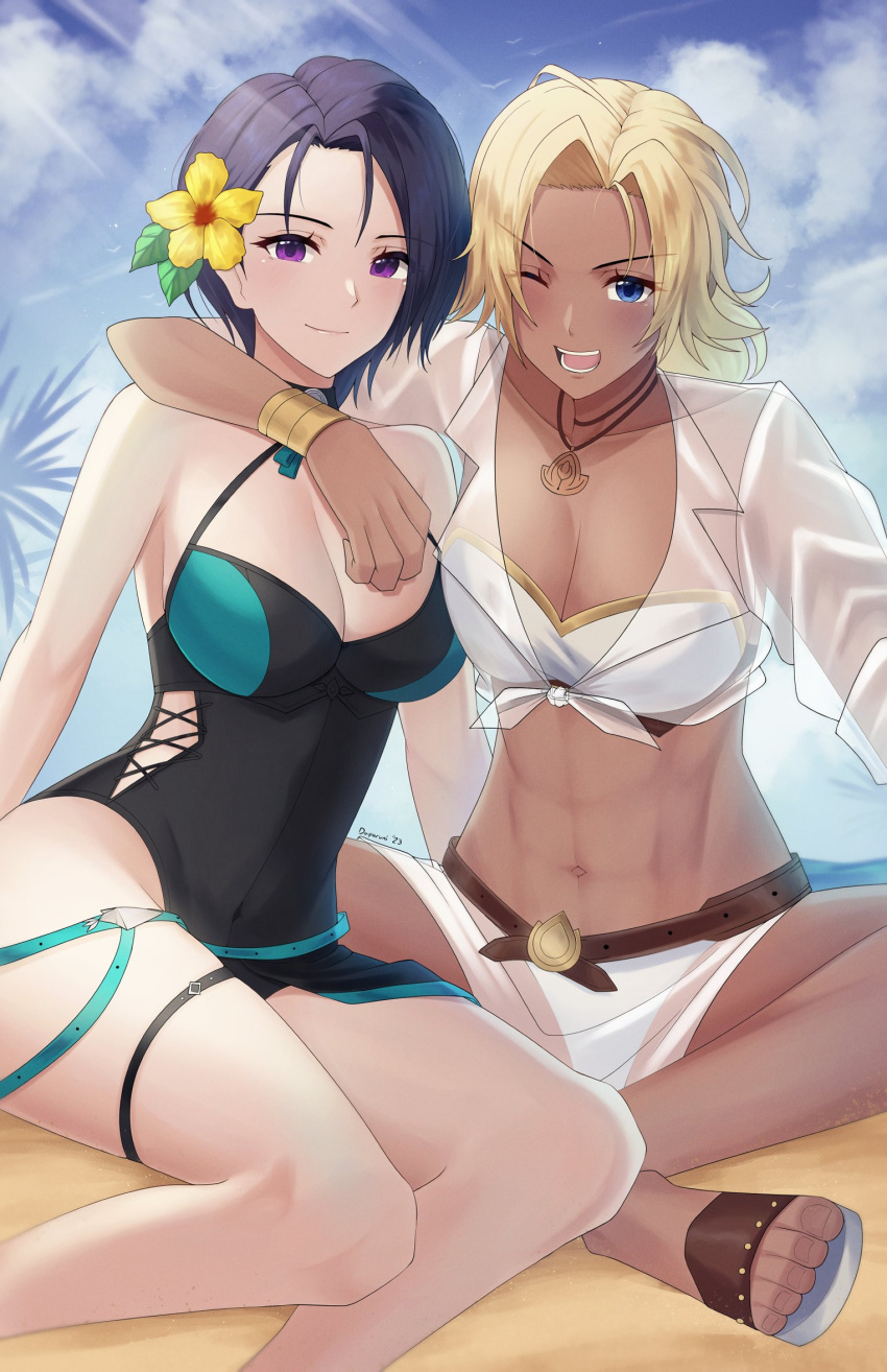2_girls abs alluring athletic_female beach bikini black_hair blonde_hair blue_eyes bracelet catherine_(fire_emblem) catherine_(summer)_(fire_emblem) cloud commentary crossed_legs dark-skinned_female dark_skin doiparuni english_commentary female_abs fire_emblem fire_emblem:_three_houses fire_emblem_heroes fit_female flower hair_flower hair_ornament halterneck high_res intelligent_systems jewelry looking_at_viewer medium_breasts multiple_girls necklace nintendo official_alternate_costume one-piece_swimsuit one_eye_closed open_mouth ponytail shamir_nevrand shamir_nevrand_(summer) short_hair sitting smile swimsuit teeth thigh_strap