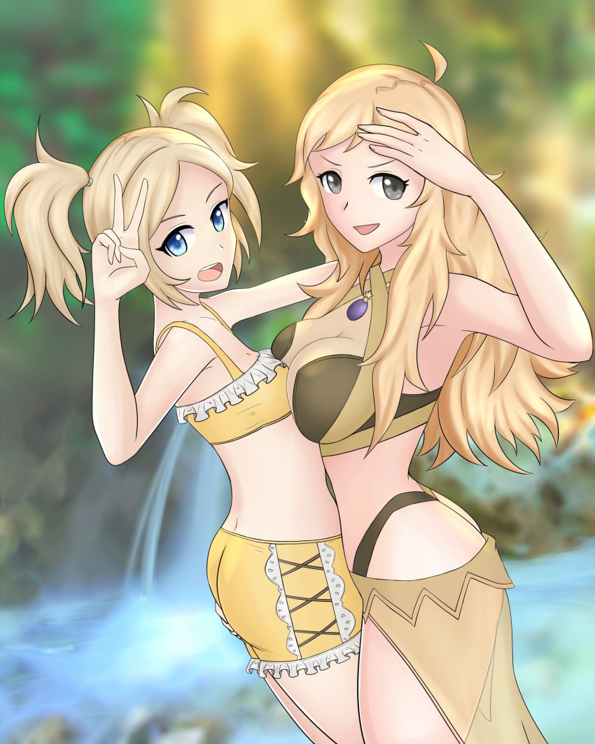 2_girls adapted_costume alluring alternate_costume asymmetrical_docking big_breasts bikini_shorts black_bikini black_swimsuit blue_eyes commission female female_only fire_emblem fire_emblem_awakening fire_emblem_fates grandmother_and_granddaughter grey_eyes hayato_stuff intelligent_systems lissa_(fire_emblem) long_hair nintendo ophelia_(fire_emblem) sarong small_breasts teen twin_tails v yellow_bikini yellow_swimsuit