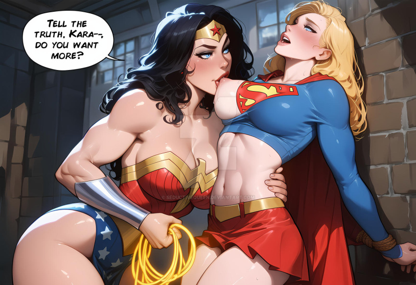 2_girls against_wall amazon arm_behind_back bangs bare_legs bare_shoulders belt big_breasts black_hair blonde_female blonde_hair blue_eyes blue_leotard blue_shirt blush bondage bracer breast_sucking breasts cape cleavage collarbone couple dc_comics dcau diana_prince duo english_text eyeshadow female/female female_moaning female_only femdom femsub half-closed_eyes head_back heroine holding holding_object holding_rope hugging indoors jewelry justice_league justice_league_unlimited kara_zor-el kryptonian lasso_of_truth leaning leaning_back leaning_forward legs legs_together leotard lezdom lips lipstick long_hair long_sleeves looking_at_another looking_up love makeup midriff miniskirt moaning moaning_in_pleasure mound_of_venus multicolored_bodysuit multicolored_clothes multiple_girls muscle muscular muscular_female mutual_yuri naughty_face navel neck night night_sky one_breast_out one_breast_out_of_clothes open_mouth parted_bangs pink_lipstick pleated_skirt red_cape red_leotard red_lipstick red_skirt romantic romantic_couple rope rope_bondage round_teeth saliva seductivequeen seductivequeen_(artist) shadow shirt skirt sky smile speech_bubble standing star star_(symbol) star_print straight_hair strapless strapless_dress sucking supergirl supergirl_(series) superhero_costume superheroine superman_(series) sweat sweating talking teeth text themysciran thick_eyebrows thick_thighs thighs tiara tied_up torn_clothes torn_shirt two-tone_leotard upper_teeth upper_teeth_only wavy_hair window wonder_woman wonder_woman_(series) yellow_belt yuri
