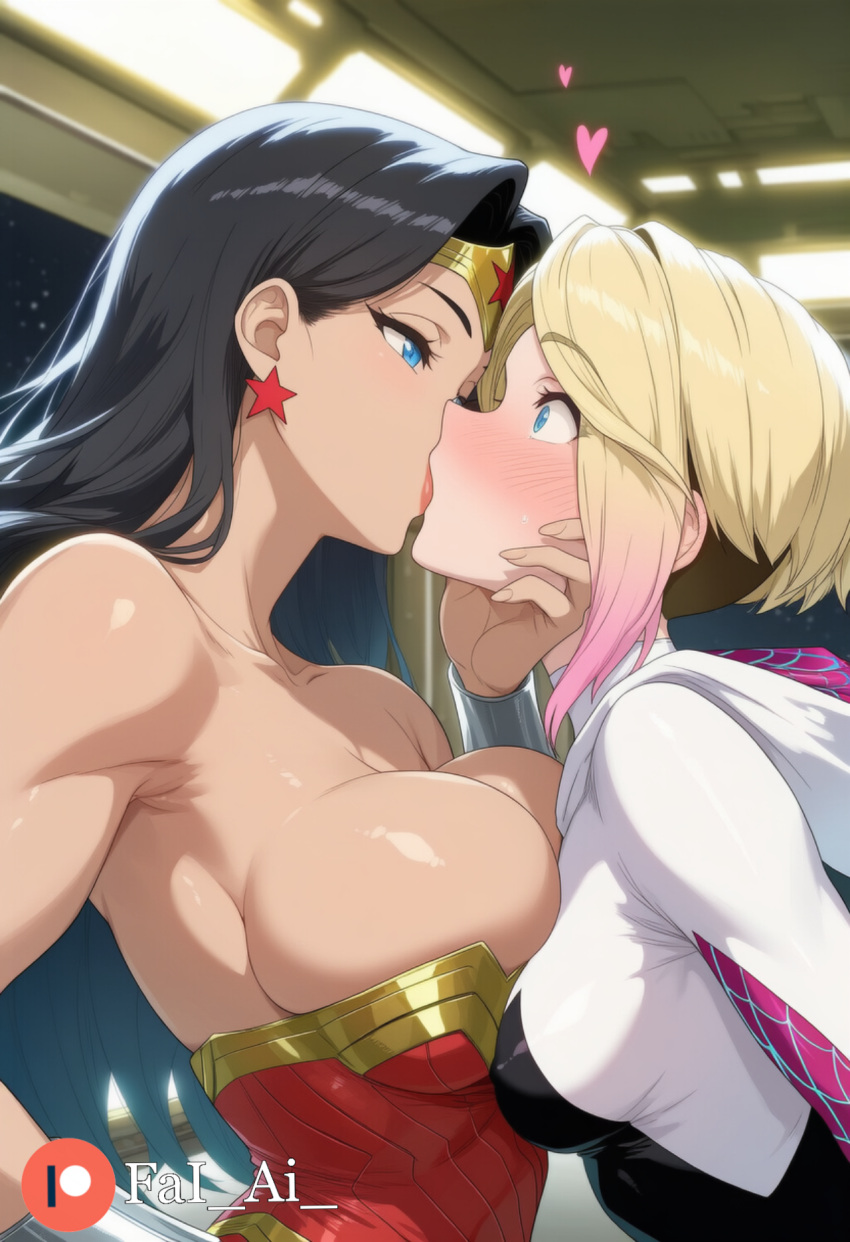 2_girls age_difference amazon arm_at_side armpits asymmetrical_docking asymmetrical_hair bangs bare_arms bare_shoulders big_breasts black_bodysuit black_hair blonde_female blonde_hair blue_eyes blush bodysuit bracer breast_press breasts chin_grab cleavage collarbone couple crossover dc_comics dcau diana_prince duo earrings eye_contact eyebrows_visible_through_hair fai_ai fai_ai_(artist) female/female female_only femdom femsub grabbing grabbing_another's_chin gradient gradient_hair gwen_stacy half-closed_eyes hand_on_hip hand_up head_back head_down heart height_difference heroine hood hooded_bodysuit hoodie indoors jewelry justice_league justice_league_unlimited kissing leotard lezdom lips lipstick long_hair looking_at_another love makeup marvel marvel_comics medium_breasts multicolored_bodysuit multicolored_clothes multicolored_hair multiple_girls mutual_yuri neck parted_bangs pink_hair red_earrings red_leotard red_lipstick romantic romantic_couple short_hair skin_tight small_breasts spider-gwen spider-man:_into_the_spider-verse spider-man_(series) standing star star_(symbol) star_earrings star_print straight_hair strapless strapless_leotard superhero_costume superheroine surprised sweat sweatdrop teen teenage_girl themysciran tiara two-tone_bodysuit two-tone_hair two_tone_hair undercut upper_body white_bodysuit wonder_woman wonder_woman_(series) yuri