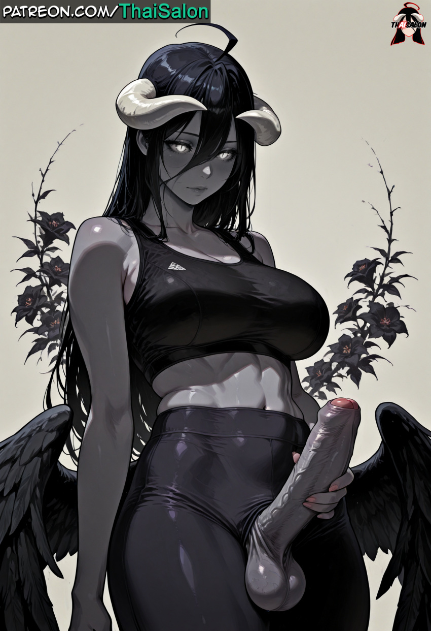 1futa 1girl 1girl 1girls ahoge ai_assisted ai_generated albedo_(overlord) black_and_white black_hair black_wings bra breasts breasts chromatic_abberation eyebrows eyelashes eyes eyeshadow feathered_wings feathers foreskin futa futa_only futanari glans glowing_eyes grey_body grey_skin hires holding_penis horns huge_cock jerking jerkingoff large_penis long_hair low_wings makeup masturbation masturbation overlord_(maruyama) patreon patreon_username selective_color sexually_suggestive simple_background sports_bra stable_diffusion succubus succubus_horns tagme thaisalon thick_thighs thighs veiny_penis watermark white_horn white_horns wings yellow_eyes yoga_pants
