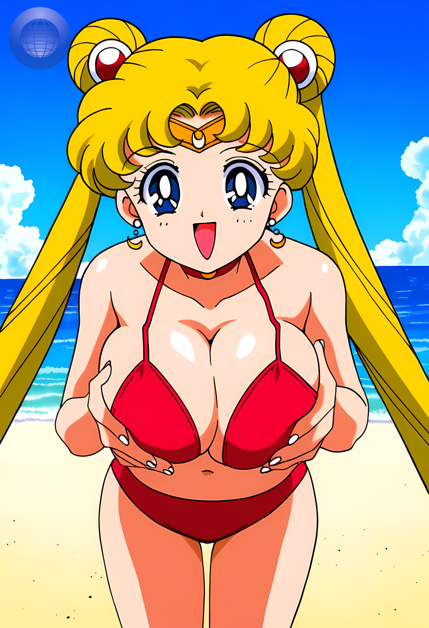 1girl accurate_art_style adult_swim alluring beach bikini bishoujo_senshi_sailor_moon bishoujo_senshi_sailor_moon_r bishoujo_senshi_sailor_moon_r_the_movie bishoujo_senshi_sailor_moon_s bishoujo_senshi_sailor_moon_s_the_movie bishoujo_senshi_sailor_moon_supers bishoujo_senshi_sailor_moon_supers_the_movie blonde_hair blue_eyes blue_sky cleavage medium_breasts michael_benson ocean pin_up toei_animation toonami usagi_tsukino viz_media