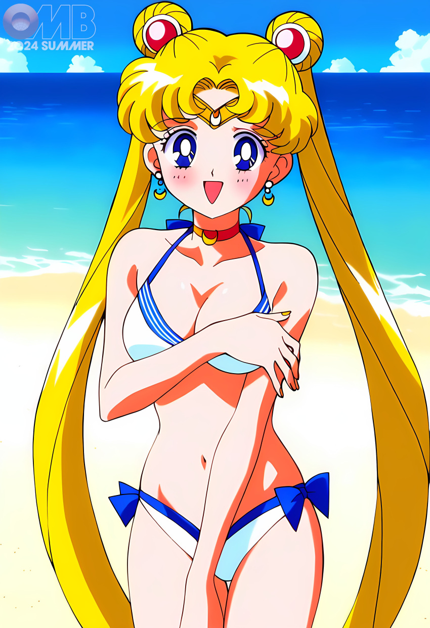 1girl accurate_art_style adult_swim alluring beach bikini bishoujo_senshi_sailor_moon bishoujo_senshi_sailor_moon_r bishoujo_senshi_sailor_moon_r_the_movie bishoujo_senshi_sailor_moon_s bishoujo_senshi_sailor_moon_s_the_movie bishoujo_senshi_sailor_moon_supers bishoujo_senshi_sailor_moon_supers_the_movie blonde_hair blue_eyes blue_sky cleavage medium_breasts michael_benson ocean pin_up toei_animation toonami usagi_tsukino viz_media