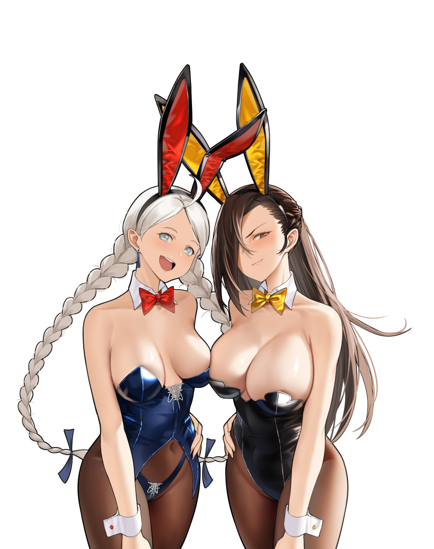 2_girls absurd_res ahoge alluring alternate_costume animal_ears bare_shoulders big_breasts black_pantyhose blue_eyes blue_panties bow bowtie braid breast_press brown_eyes brown_hair chinese_zodiac commission commissioner_upload crystal_earrings detached_collar earrings fire_emblem fire_emblem_fates hair_over_one_eye high_res intelligent_systems jewelry kagero_(fire_emblem) lace lace-trimmed_panties lace_trim long_hair low_twin_braids medium_breasts multiple_girls nina_(fire_emblem) nintendo non-web_source open_mouth panties pantyhose parted_bangs playboy_bunny rabbit_ears red_bow red_bowtie shizuko_hideyoshi teeth twin_braids underwear upper_teeth_only white_background white_hair wrist_cuffs year_of_the_rabbit yellow_bow yellow_bowtie