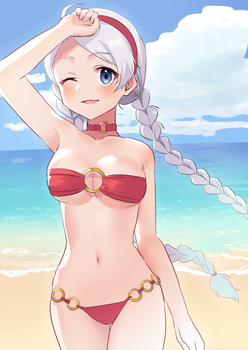 1girl absurd_res ahoge alluring alternate_costume arm_up bare_shoulders beach bikini blue_eyes braid choker cloud cloudy_sky commission commissioner_upload fire_emblem fire_emblem_fates fire_emblem_heroes grey_hair hairband high_res intelligent_systems long_hair looking_at_viewer low_twintails medium_breasts navel nina_(fire_emblem) nintendo o-ring o-ring_bikini o-ring_bottom o-ring_choker o-ring_top ocean one_eye_closed open_mouth parted_bangs red_bikini red_hairband sand skeb_commission sky smile swimsuit tnd(tenndo) twin_braids twin_tails upper_body