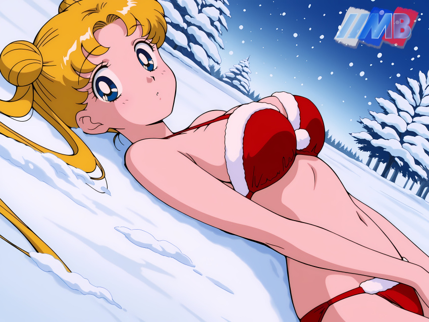 1girl accurate_art_style adult_swim alluring bikini bishoujo_senshi_sailor_moon bishoujo_senshi_sailor_moon_r bishoujo_senshi_sailor_moon_r_the_movie bishoujo_senshi_sailor_moon_s bishoujo_senshi_sailor_moon_s_the_movie bishoujo_senshi_sailor_moon_supers bishoujo_senshi_sailor_moon_supers_the_movie blonde_hair blue_eyes christmas cleavage medium_breasts michael_benson outside pin_up santa_bikini snow toei_animation toonami usagi_tsukino viz_media