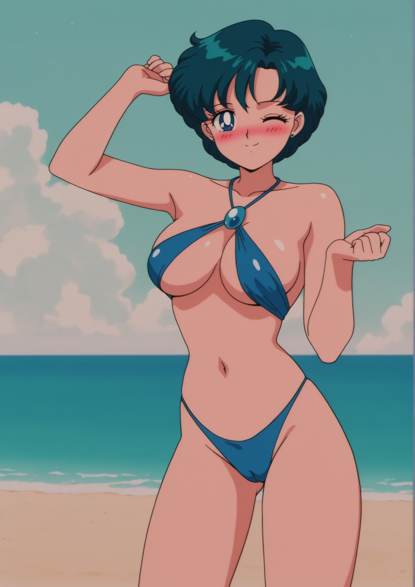 1girl accurate_art_style adult_swim alluring ami_mizuno beach big_breasts bikini bishoujo_senshi_sailor_moon bishoujo_senshi_sailor_moon_r bishoujo_senshi_sailor_moon_r_the_movie bishoujo_senshi_sailor_moon_s bishoujo_senshi_sailor_moon_s_the_movie bishoujo_senshi_sailor_moon_supers bishoujo_senshi_sailor_moon_supers_the_movie blue_eyes blue_hair cleavage nightcore_(artist) ocean pin_up toei_animation toonami viz_media