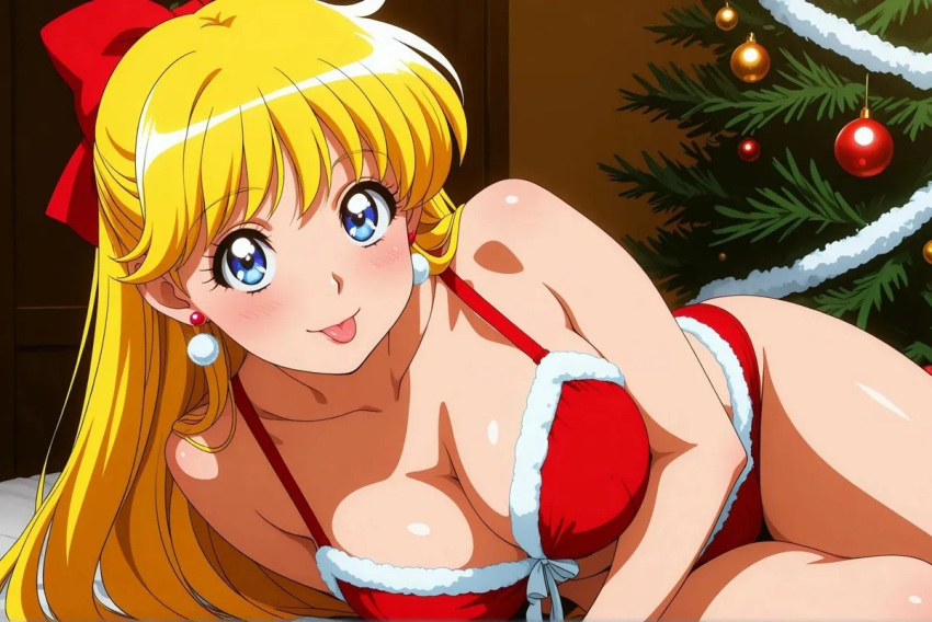 1girl accurate_art_style adult_swim alluring ass bare_legs barefoot bishoujo_senshi_sailor_moon bishoujo_senshi_sailor_moon_r bishoujo_senshi_sailor_moon_r_the_movie bishoujo_senshi_sailor_moon_s bishoujo_senshi_sailor_moon_s_the_movie bishoujo_senshi_sailor_moon_supers bishoujo_senshi_sailor_moon_supers_the_movie blonde_hair blue_eyes bra christmas cleavage medium_breasts minako_aino nightcore_(artist) panties pin_up posinig santa_lingerie santa_outfit toei_animation toonami underwear viz_media zengai