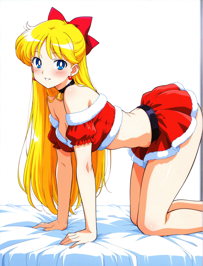 1girl accurate_art_style adult_swim alluring ass bare_legs barefoot bishoujo_senshi_sailor_moon bishoujo_senshi_sailor_moon_r bishoujo_senshi_sailor_moon_r_the_movie bishoujo_senshi_sailor_moon_s bishoujo_senshi_sailor_moon_s_the_movie bishoujo_senshi_sailor_moon_supers bishoujo_senshi_sailor_moon_supers_the_movie blonde_hair blue_eyes christmas cleavage dddske medium_breasts minako_aino pin_up posinig santa_outfit toei_animation toonami viz_media