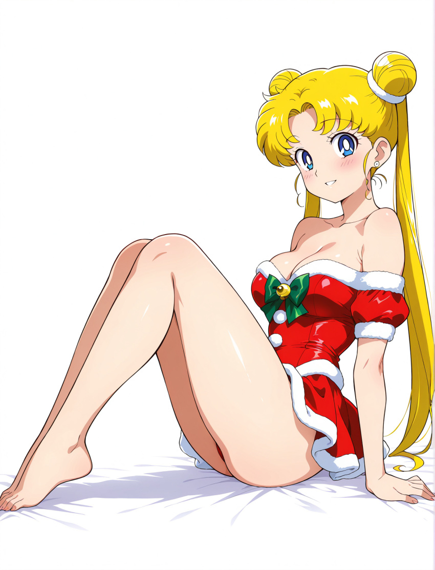 1girl accurate_art_style adult_swim alluring bare_legs barefoot bishoujo_senshi_sailor_moon bishoujo_senshi_sailor_moon_r bishoujo_senshi_sailor_moon_r_the_movie bishoujo_senshi_sailor_moon_s bishoujo_senshi_sailor_moon_s_the_movie bishoujo_senshi_sailor_moon_supers bishoujo_senshi_sailor_moon_supers_the_movie blonde_hair blue_eyes christmas cleavage dddske medium_breasts pin_up posinig santa_outfit toei_animation toonami usagi_tsukino viz_media