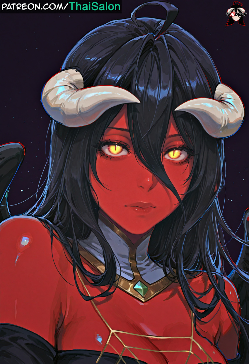 1girl 1girl 1girls ahoge ai_assisted ai_generated albedo_(overlord) black_dress black_wings breasts breasts chromatic_abberation close-up dress eyebrows eyelashes eyes eyeshadow feathered_wings feathers glowing_eyes hires horns lips long_hair low_wings makeup overlord_(maruyama) patreon patreon_username portrait red_body red_lips red_skin sexually_suggestive stable_diffusion succubus succubus_horns tagme thaisalon thick_thighs thighs upper_body watermark white_horn white_horns wings yellow_eyes