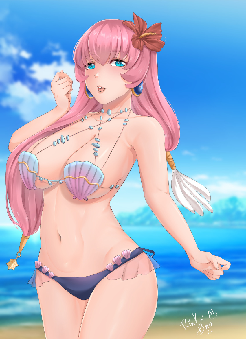 1girl 1girl 1girl alluring alternate_costume bare_thighs beach big_breasts blue_eyes corrin_(fire_emblem)_(cosplay) cosplay earrings female_only fire_emblem fire_emblem_fates fire_emblem_heroes gunnthra_(fire_emblem) intelligent_systems long_hair nintendo ocean open_mouth outside pink_hair rinku_bny shell_bikini sideboob smile thighs twin_tails
