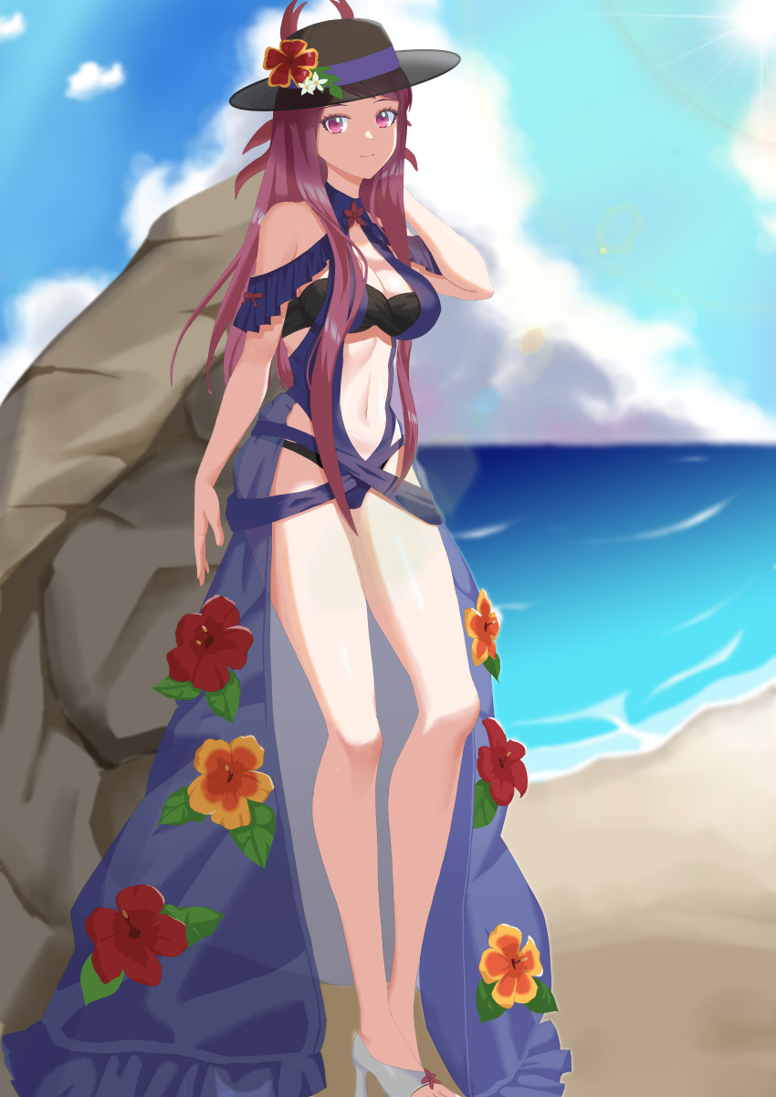 1girl 1girl absurd_res alluring bare_shoulders beach big_breasts black_hat blue_one-piece_bikini casual_one-piece_bikini cleavage clothing_cutout dress_swimsuit female_focus fire_emblem fire_emblem_engage fire_emblem_heroes flower flower_hat hanzoku hat high_res intelligent_systems ivy_(fire_emblem) ivy_(summer)_(fire_emblem) legs long_hair long_legs looking_at_viewer matching_hair/eyes mole mole_under_mouth navel nintendo ocean official_alternate_costume one-piece_bikini purple_eyes purple_hair sandals see-through_clothes see-through_headwear smile stomach stomach_cutout swimsuit toes
