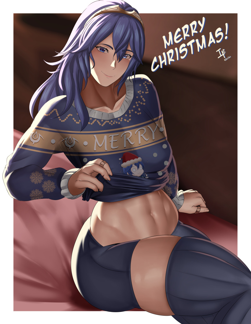 1girl 1girl 1girl :3 abs arcedo athletic_female bandaid bare_thighs blue_eyes blue_hair chibi christmas clothes_lift female_abs female_only fire_emblem fire_emblem_awakening fit_female indoors intelligent_systems lifted_by_self long_hair long_sleeves looking_at_viewer lucina lucina_(fire_emblem) merry_christmas presenting scar shorts sitting smile stockings sweater sweater_lift symbol-shaped_pupils thick_thighs thighs thumbs_up tiara
