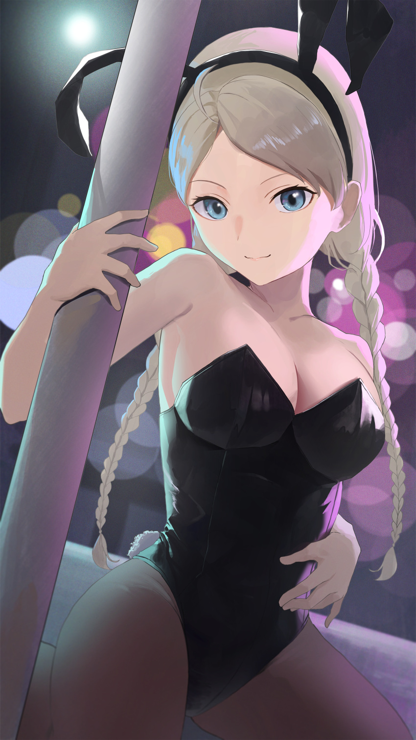 1girl 1girl 1girl absurd_res ahoge alluring alternate_costume animal_ears bare_shoulders black_leotard blue_eyes braid bunny_ears bunny_girl bunnysuit commission fake_animal_ears fake_tail female_only fire_emblem fire_emblem_fates grey_hair high_res intelligent_systems leotard looking_at_viewer low_twin_braids low_twintails medium_breasts nina_(fire_emblem) nintendo nofakeuk non-web_source parted_bangs playboy_bunny pole_dancing rabbit_ears rabbit_tail skeb_commission tail twin_braids twin_tails